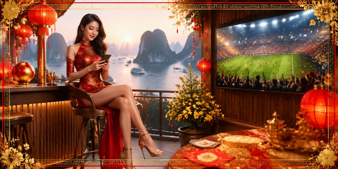 Người dùng tại Vịnh Hạ Long chơi casino trên điện thoại trong dịp Tết với không khí lễ hội rực rỡ