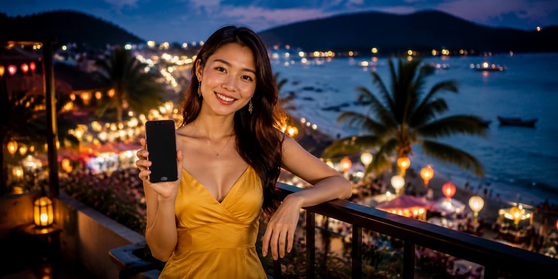 Người dùng tại Phú Quốc sử dụng điện thoại tại chợ đêm để truy cập dịch vụ casino trực tuyến an toàn